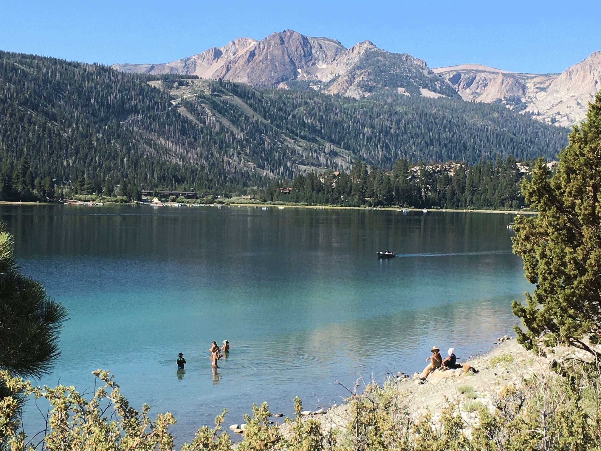 view of june lake from shoreline including swimmers, kayakers, and SUPs