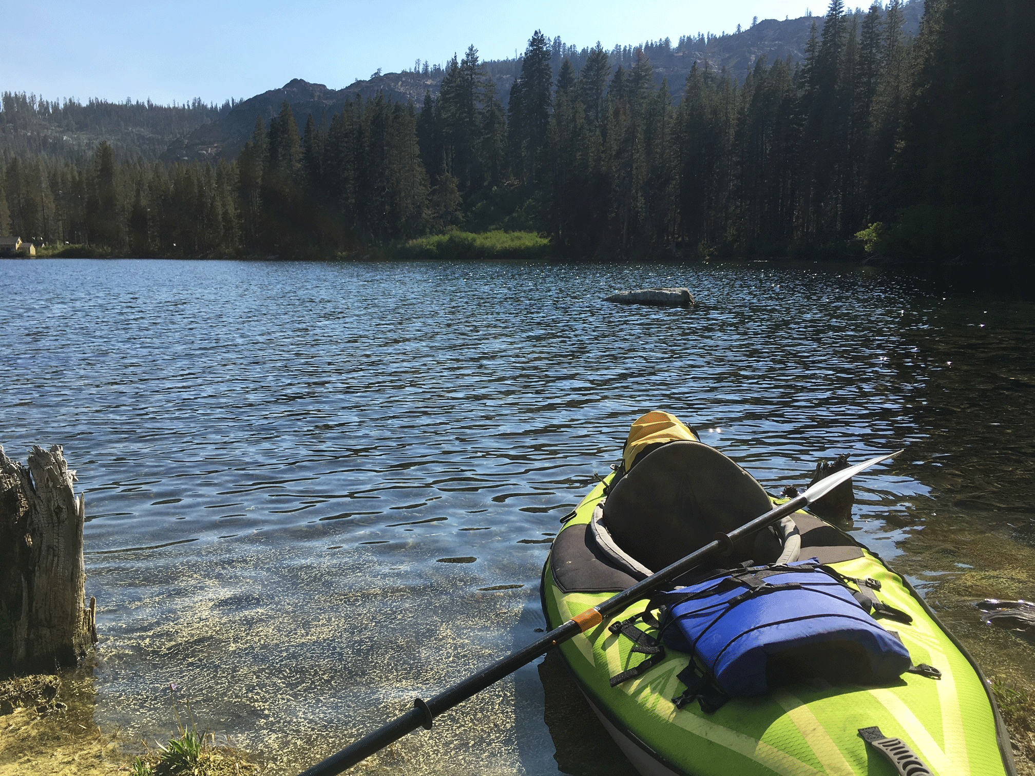 kayaking gold lake in northern california, picture of green kayak near shore with view in background of clear lake and dark green pine trees