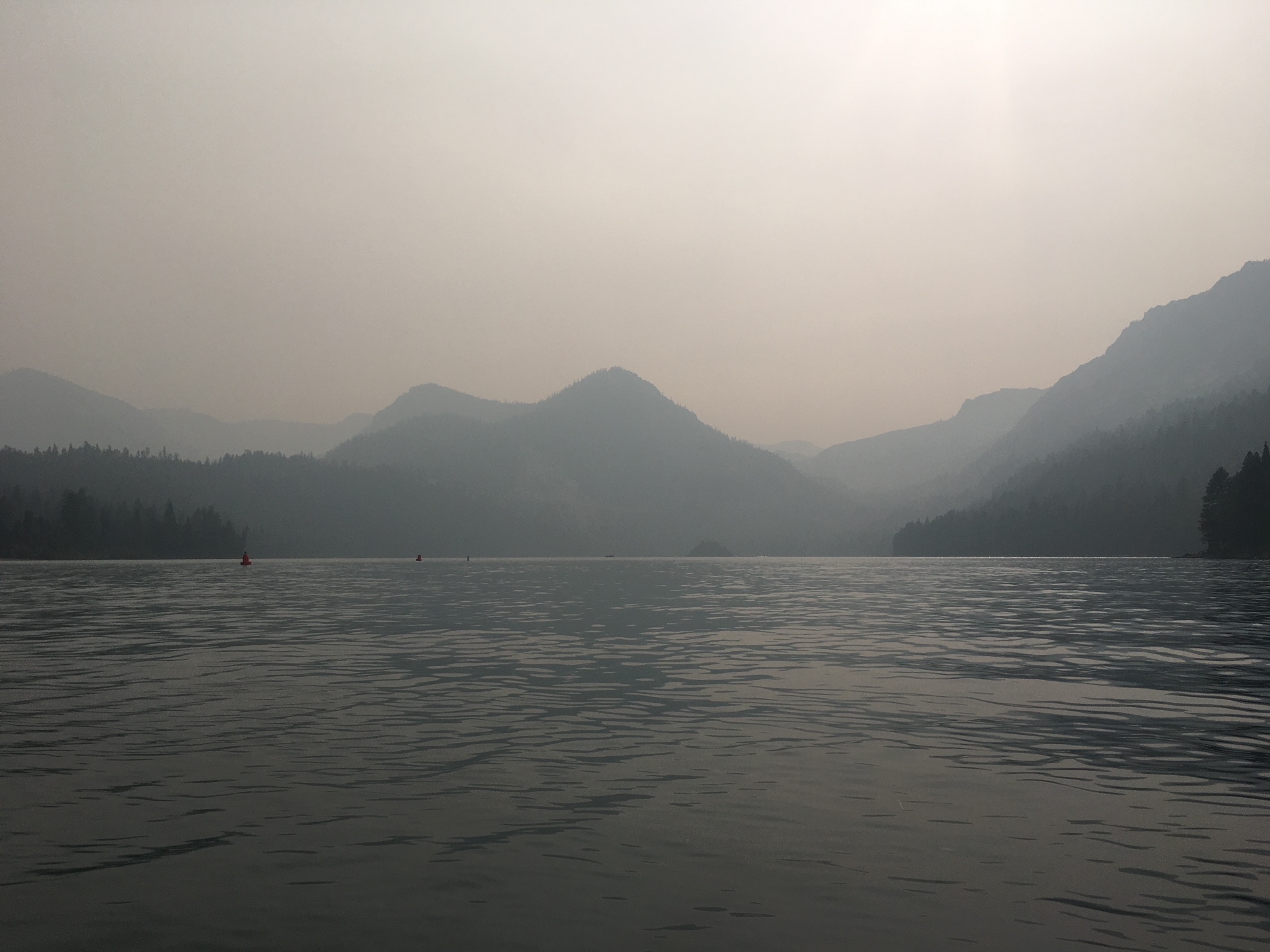 smokey view from kayak looking into emerald bay on lake tahoe