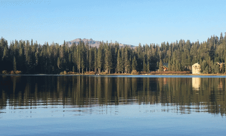 serene lakes in lake afternoon, with water reflecting pine trees along shore, rocky top of castle peak poking above foliage in distance