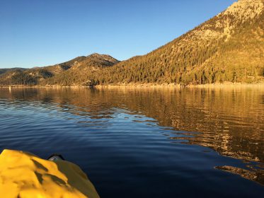 East shore of lake tahoe above sand harbor, steep mountains and pines