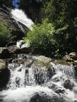 waterfall with 2 levels of water and green shrub on right