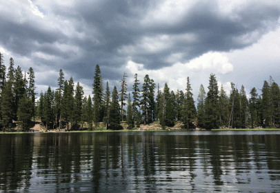 mirror like surface of watson lake is reflecting pine trees and clouds